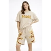 Bej Oversize Baskılı Tişört Şort Takım Cepli Şort Yazlık Rahat Günlük Kombin - Bej
