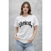 Bisiklet Yaka Ön Baskılı Kısa Kollu Tişört Streetwear Günlük Basic Pamuklu T-shirt - Beyaz