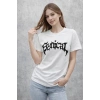 Bisiklet Yaka Ön Baskılı Kısa Kollu Tişört Streetwear Günlük Basic Pamuklu T-shirt - Beyaz