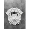 Bisiklet Yaka Ön Baskılı Kısa Kollu Tişört Streetwear Günlük Basic Pamuklu T-shirt - Beyaz