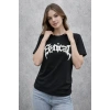 Bisiklet Yaka Ön Baskılı  Kısa Kollu Tişört Streetwear Günlük Basic Pamuklu T-shirt - Siyah