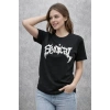 Bisiklet Yaka Ön Baskılı  Kısa Kollu Tişört Streetwear Günlük Basic Pamuklu T-shirt - Siyah