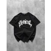 Bisiklet Yaka Ön Baskılı  Kısa Kollu Tişört Streetwear Günlük Basic Pamuklu T-shirt - Siyah