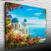 Çiçekli Terasta Mikanos ve Deniz Manzarası Yağlıboya Kanvas Tablo 50 x 70