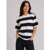 Çizgili Oversize Tişört Bisiklet Yaka Kısa Kol Yazlık T-Shirt - Siyah