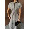 ÇİZGİLİ POLYVİSKON BLUZ - PANTOLON TAKIM - Gri