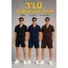 Erkek 3’lü Krep Kumaş Cepli Gömlek Şort Takım Kısa Kollu Bağcıklı - Siyah , Lacivert , Kahverengi