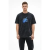 Erkek Asit Yıkamalı Oversize Tişört Future Worlds Baskılı Bisiklet Yaka Kısa Kollu Streetwear %100 Pamuk Street Style T-Shirt - Siyah