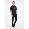 Erkek Asit Yıkamalı Oversize Tişört Future Worlds Baskılı Bisiklet Yaka Kısa Kollu Streetwear %100 Pamuk Street Style T-Shirt - Siyah