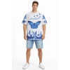 Erkek Asit Yıkamalı Oversize Tişört Mavi Kelebek Baskılı Dijital Print Bisiklet Yaka Streetwear T-Shirt - Beyaz
