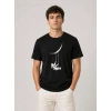 Erkek Astronot Ay Temalı Tişört Kısa Kol Yazlık Bisiklet Yaka T-Shirt - Siyah