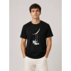 Erkek Astronot Ay Temalı Tişört Kısa Kol Yazlık Bisiklet Yaka T-Shirt - Siyah