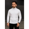 Erkek Balıkcı Yaka Bağazlı Triko Kazak Pamuklu Kalın Fitilli Dokuma, Regular Fit Uzun Kollu Kışlık Model - Beyaz