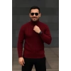Erkek Balıkcı Yaka Bağazlı Triko Kazak Pamuklu Kalın Fitilli Dokuma, Regular Fit Uzun Kollu Kışlık Model - Bordo