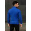 Erkek Balıkcı Yaka Bağazlı Triko Kazak Pamuklu Kalın Fitilli Dokuma, Regular Fit Uzun Kollu Kışlık Model - Saks Mavisi