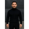 Erkek Balıkcı Yaka Bağazlı Triko Kazak Pamuklu Kalın Fitilli Dokuma, Regular Fit Uzun Kollu Kışlık Model - Siyah