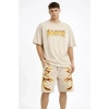Erkek Bej Oversize Baskılı Tişört Şort Takım Cepli Şort Yazlık Rahat Günlük Kombin - Bej