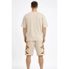Erkek Bej Oversize Baskılı Tişört Şort Takım Cepli Şort Yazlık Rahat Günlük Kombin - Bej