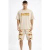 Erkek Bej Oversize Baskılı Tişört Şort Takım Cepli Şort Yazlık Rahat Günlük Kombin - Bej