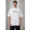 Erkek Bisiklet Yaka Baskılı Kısa Kollu Tişört Streetwear Günlük Basic Pamuklu T-shirt - Beyaz