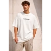 Erkek Bisiklet Yaka Baskılı Kısa Kollu Tişört Streetwear Günlük Basic Pamuklu T-shirt - Beyaz