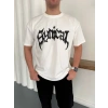 Erkek Bisiklet Yaka Ön Baskılı Kısa Kollu Tişört Streetwear Günlük Basic Pamuklu T-shirt - Beyaz
