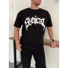 Erkek Bisiklet Yaka Ön Baskılı  Kısa Kollu Tişört Streetwear Günlük Basic Pamuklu T-shirt - Siyah