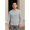 Erkek Bisiklet Yuvarlak Yaka Triko Kazak Pamuklu Kalın Fitilli Dokuma, Regular Fit Uzun Kollu Kışlık Model - Gri