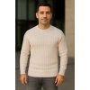 Erkek Bisiklet Yuvarlak Yaka Triko Kazak Pamuklu Kalın Fitilli Dokuma, Regular Fit Uzun Kollu Kışlık Model - Bej