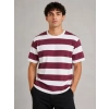 Erkek Çizgili Oversize Tişört Bisiklet Yaka Kısa Kol Yazlık T-Shirt - Bordo