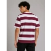 Erkek Çizgili Oversize Tişört Bisiklet Yaka Kısa Kol Yazlık T-Shirt - Bordo