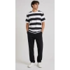 Erkek Çizgili Oversize Tişört Bisiklet Yaka Kısa Kol Yazlık T-Shirt - Siyah