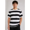 Erkek Çizgili Oversize Tişört Bisiklet Yaka Kısa Kol Yazlık T-Shirt - Siyah