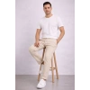 Erkek Diagonel Mikro Dokulu Duble Paça Cepli Pantolon Bağcıklı Bel, Modern Kesim - Krem