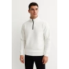 Erkek Dik Yaka Sweatshirt Dik Yaka Yarım Fermuarlı 3 İplik Şardonlu Pamuk Kumaş - Beyaz