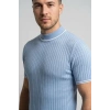 Erkek Fitilli Triko Dokuma Kısa Kol Tişört Yarım Boğaz Modern Yazlık T-Shirt - Bebe Mavisi