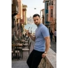 Erkek Fitilli Triko Dokuma Kısa Kol Tişört Yarım Boğaz Modern Yazlık T-Shirt - Bebe Mavisi