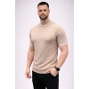 Erkek Fitilli Triko Dokuma Kısa Kol Tişört Yarım Boğaz Modern Yazlık T-Shirt - Bej