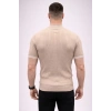 Erkek Fitilli Triko Dokuma Kısa Kol Tişört Yarım Boğaz Modern Yazlık T-Shirt - Bej