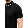 Erkek Fitilli Triko Dokuma Kısa Kol Tişört Yarım Boğaz Modern Yazlık T-Shirt - Siyah