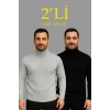 Erkek Fitilli Triko Kazak 2li Set Gri Siyah Regular Balıkcı Yaka Tam Boğazlı Triko Seti Modeli Kazak