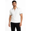 Erkek Fitilli Triko T-shirt Polo Yaka Yarım Fermuarlı Kısa Kollu Tişört - Beyaz