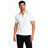 Erkek Fitilli Triko T-shirt Polo Yaka Yarım Fermuarlı Kısa Kollu Tişört - Beyaz