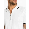 Erkek Fitilli Triko T-shirt Polo Yaka Yarım Fermuarlı Kısa Kollu Tişört - Beyaz