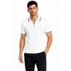 Erkek Fitilli Triko T-shirt Polo Yaka Yarım Fermuarlı Kısa Kollu Tişört - Beyaz
