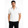 Erkek Fitilli Triko T-shirt Polo Yaka Yarım Fermuarlı Kısa Kollu Tişört - Beyaz