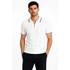 Erkek Fitilli Triko T-shirt Polo Yaka Yarım Fermuarlı Kısa Kollu Tişört - Beyaz