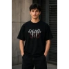 Erkek Gotik Yazı Baskılı Oversize Bisiklet Yaka T-Shirt - Siyah