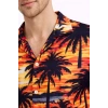 Erkek Gün Batımı Palmiye Desenli Kısa Kol Gömlek Hawaii Tarz Yazlık Rahat Kalıp - Desenli