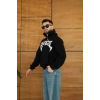 Erkek Kapüşonlu Sweatshirt  Hoodie 3 İplik Şardonlu Pamuklu Kumaş, Önü Baskılı, Fermuarlı Rahat Kalıp, Kışlık Ve Sokak Stili Sweat - Siyah